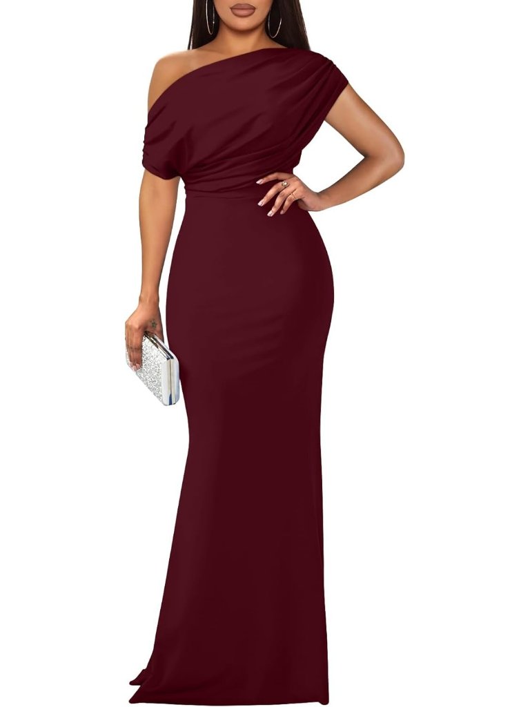 Women's Elegant Sleeveless Off Shoulder Bodycon Wine Red Long Formal Party Dress